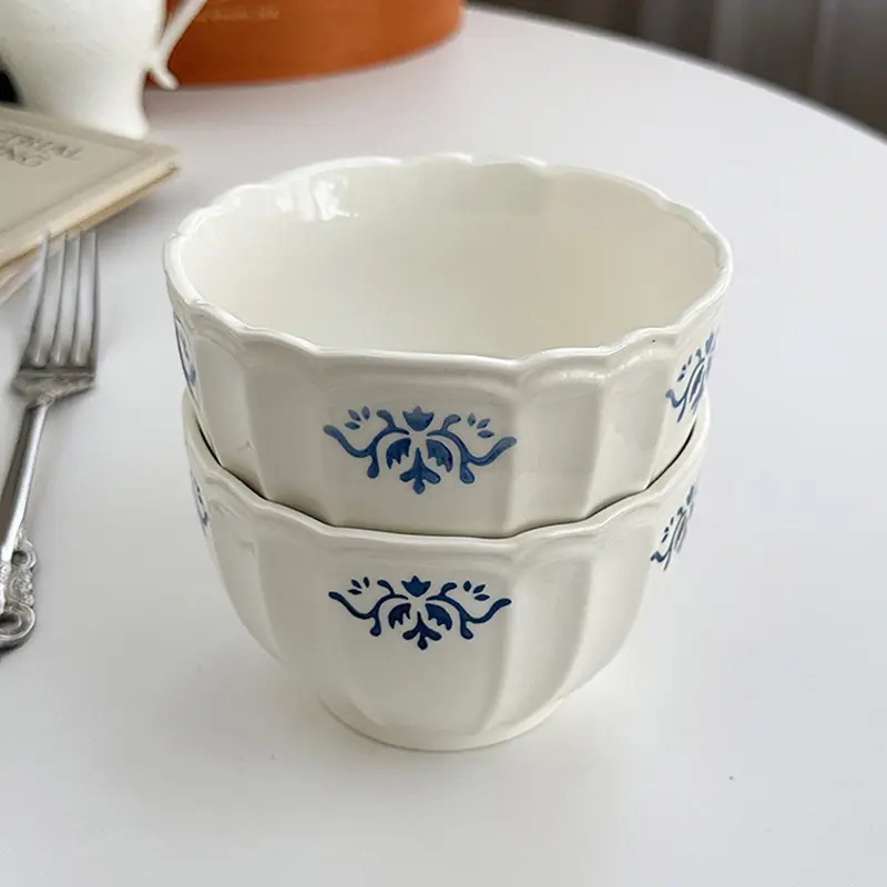 French-style Simple Retro Lace Bowls Home Use Under Glazed Color Ramen Rice Bowl Exquisite Light Luxury Embossed Edge Soup Bowls