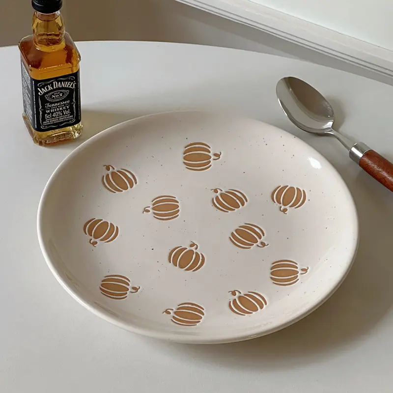 Creative Pumpkin Relief Ceramic Tableware Rice Soup Bowl Exquisite Snack Pastry Disc Household Round Breakfast Plates