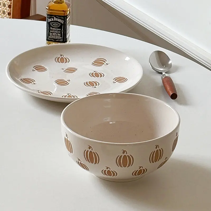 Creative Pumpkin Relief Ceramic Tableware Rice Soup Bowl Exquisite Snack Pastry Disc Household Round Breakfast Plates