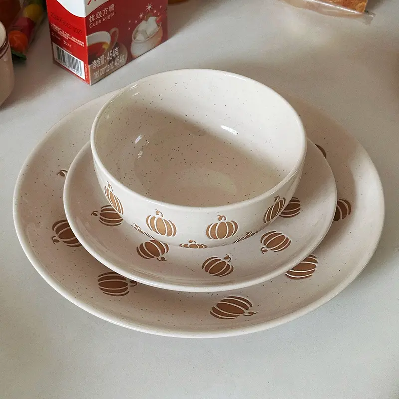 Creative Pumpkin Relief Ceramic Tableware Rice Soup Bowl Exquisite Snack Pastry Disc Household Round Breakfast Plates