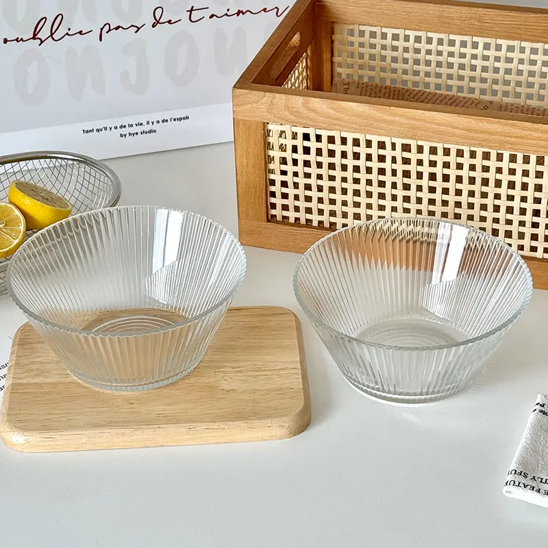 Striped Transparent Glass Fruit Salad Bowl Simple Large Capacity Dessert Mixing Bowls Kitchen Tableware 800ml