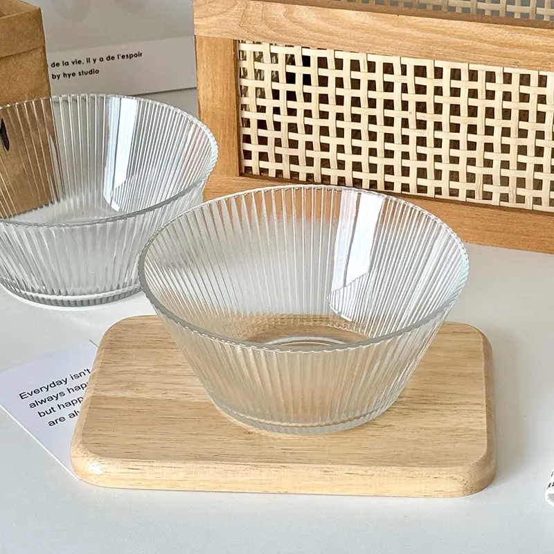 Striped Transparent Glass Fruit Salad Bowl Simple Large Capacity Dessert Mixing Bowls Kitchen Tableware 800ml