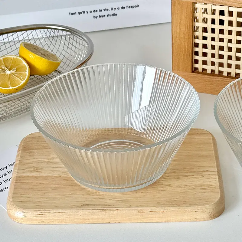 Striped Transparent Glass Fruit Salad Bowl Simple Large Capacity Dessert Mixing Bowls Kitchen Tableware 800ml