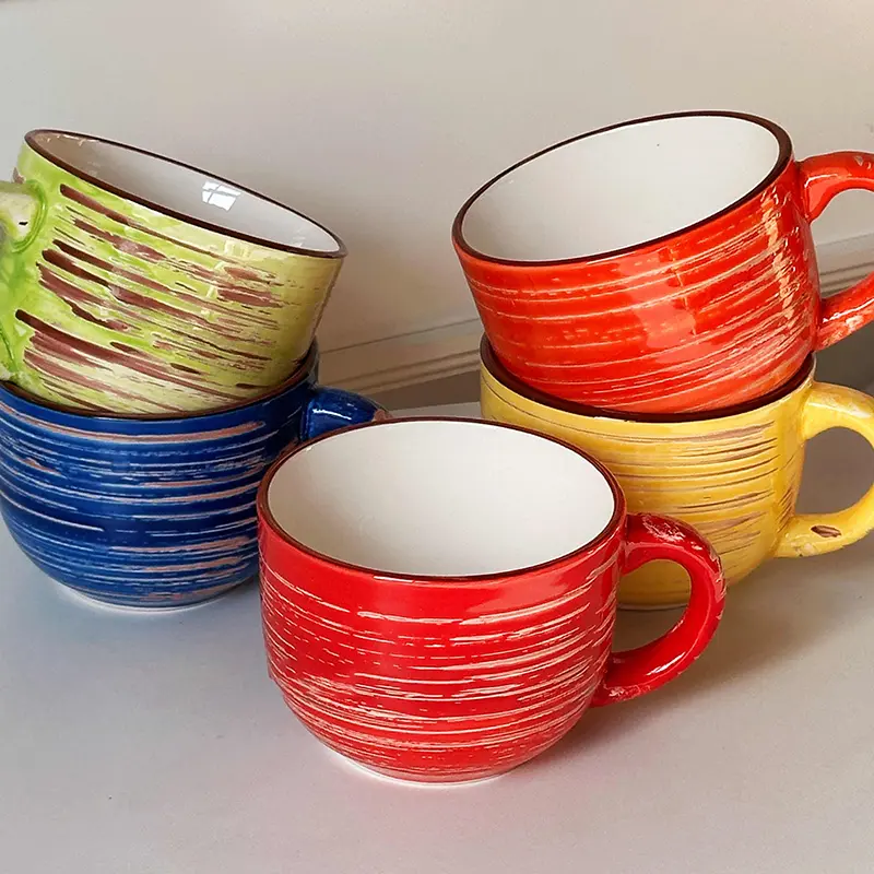480ml Large Capacity Ceramic Yoghurt Cup Retro Relief Coffee Cup Home Breakfast Milk Oatmeal Mug Drinking Utensils