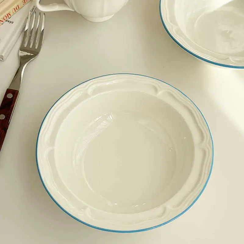 Korean Embossed Bowl Household Ceramic Contrast Color Yoghurt Salad Bowls Simple Breakfast Bowl Tableware