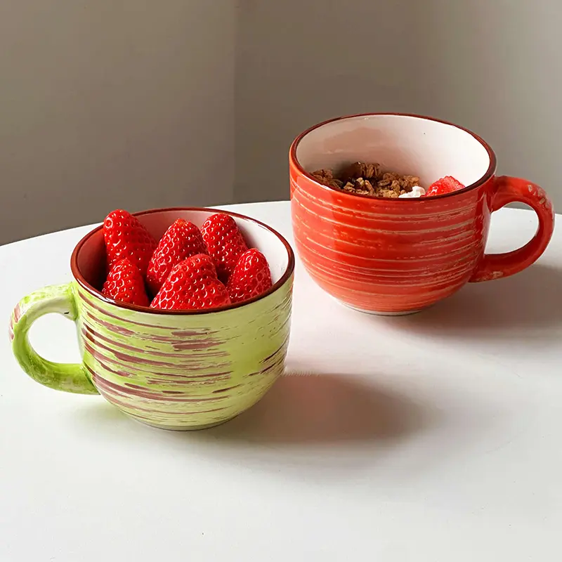 480ml Large Capacity Ceramic Yoghurt Cup Retro Relief Coffee Cup Home Breakfast Milk Oatmeal Mug Drinking Utensils