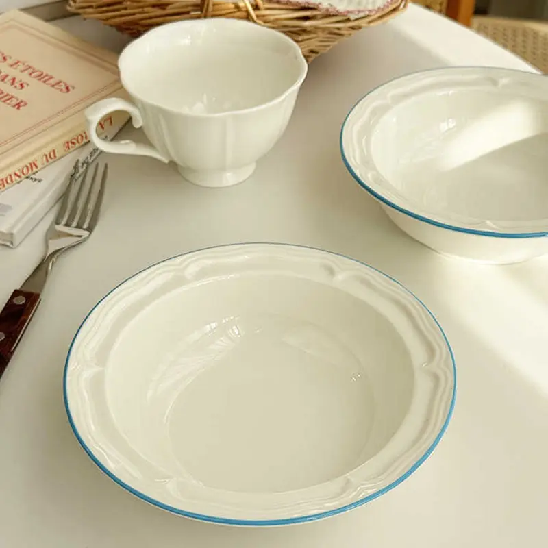 Korean Embossed Bowl Household Ceramic Contrast Color Yoghurt Salad Bowls Simple Breakfast Bowl Tableware