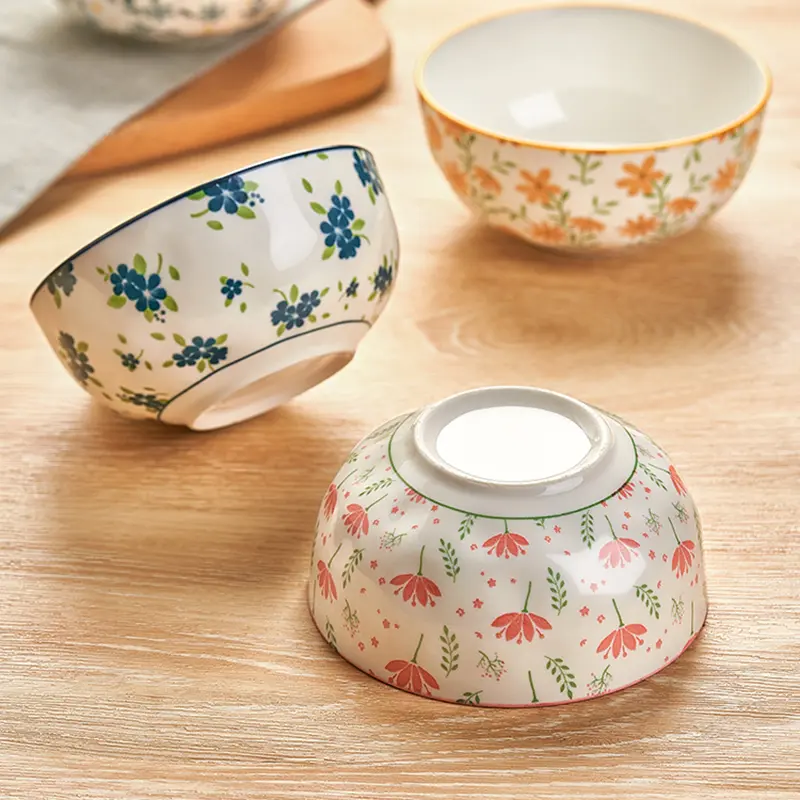 Ceramic Rice Bowl Printed Noodle Bowl Household Delicate Breakfast Oatmeal Bowl Kitchen Tableware