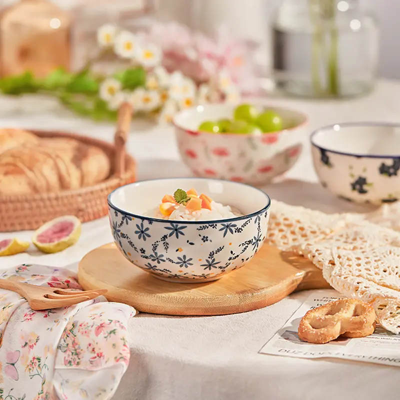 Ceramic Rice Bowl Printed Noodle Bowl Household Delicate Breakfast Oatmeal Bowl Kitchen Tableware