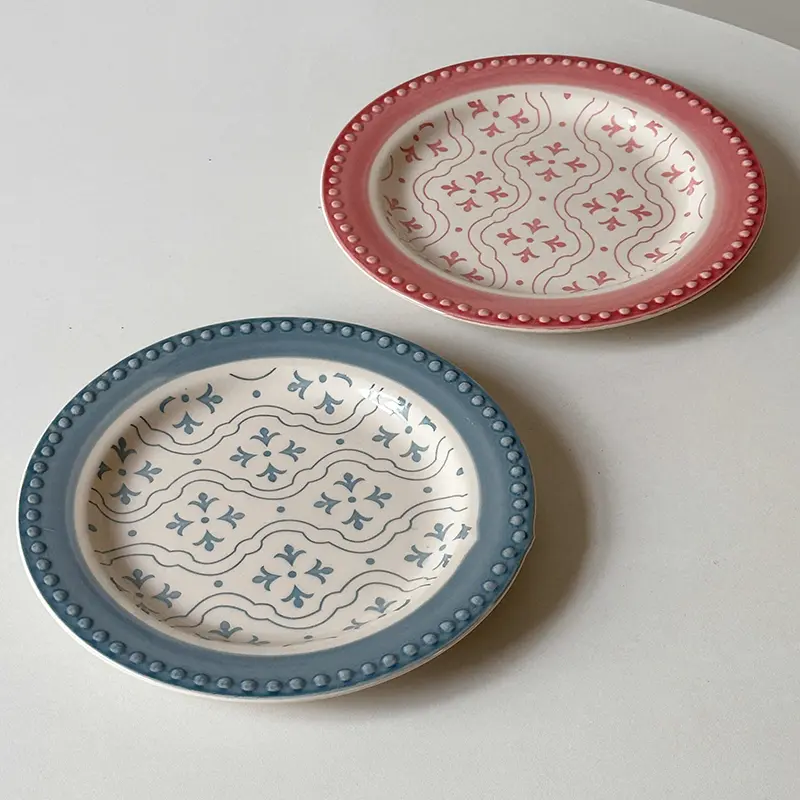French Relief Ceramic Dessert Plate Lovely Printing Household Breakfast Plates Round Western Food Dish Tableware