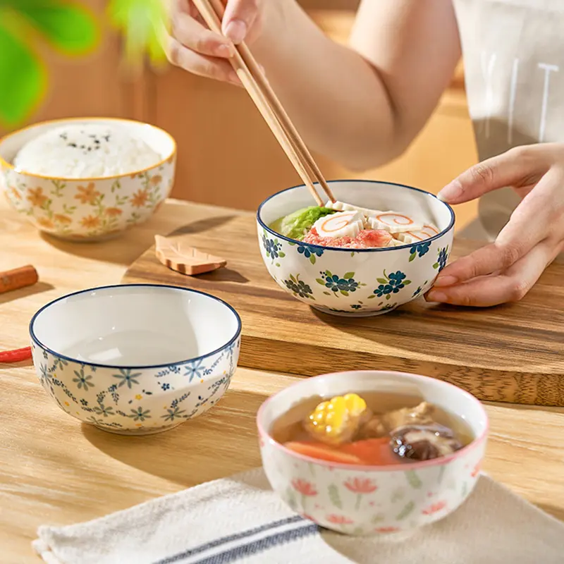 Ceramic Rice Bowl Printed Noodle Bowl Household Delicate Breakfast Oatmeal Bowl Kitchen Tableware