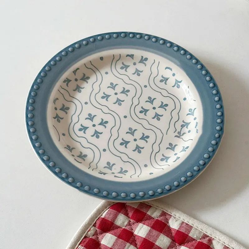 French Relief Ceramic Dessert Plate Lovely Printing Household Breakfast Plates Round Western Food Dish Tableware