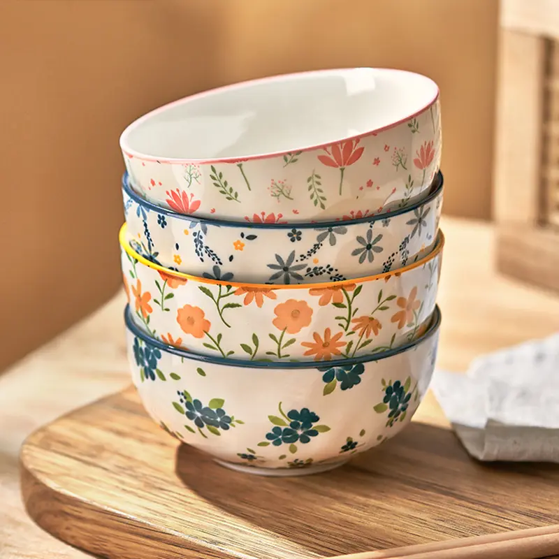 Ceramic Rice Bowl Printed Noodle Bowl Household Delicate Breakfast Oatmeal Bowl Kitchen Tableware