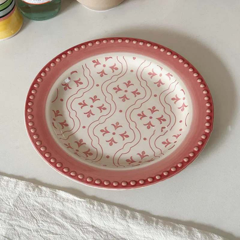 French Relief Ceramic Dessert Plate Lovely Printing Household Breakfast Plates Round Western Food Dish Tableware