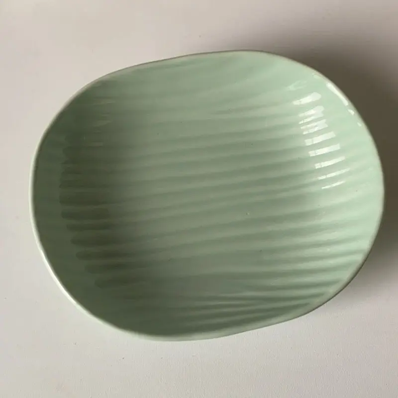 Japanese Striped Pastry Plate Ceramic Solid Colour Fruit Salad Plate Household Oval Breakfast Plate 16.3cm
