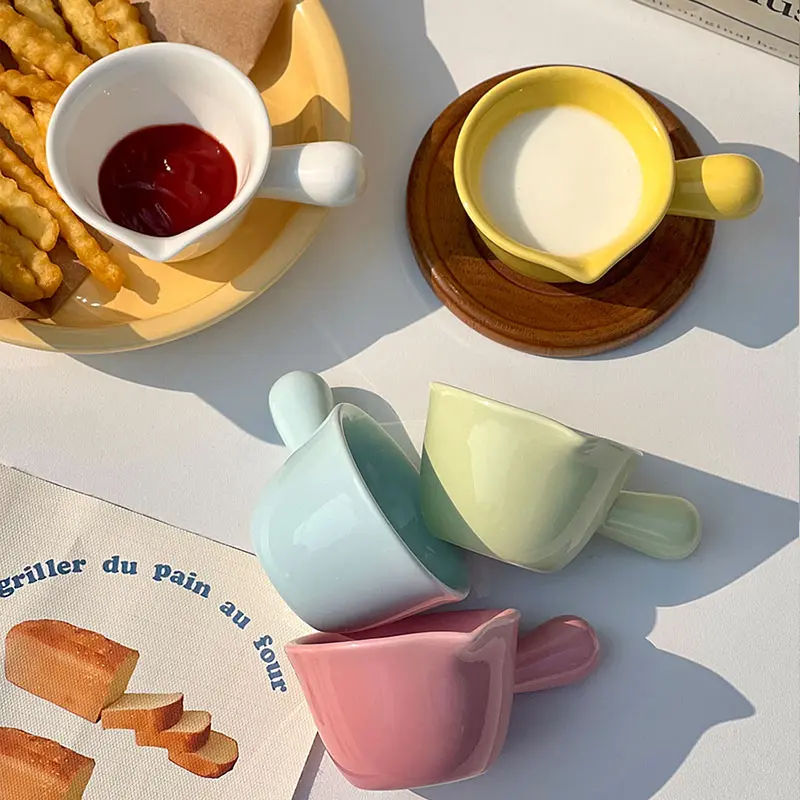 Korean-style Vinegar Sauce Ceramic Bowl Coffee Creamer Dipping Dish With Handle Househeld Solid Colour Salad Dipping Bowls