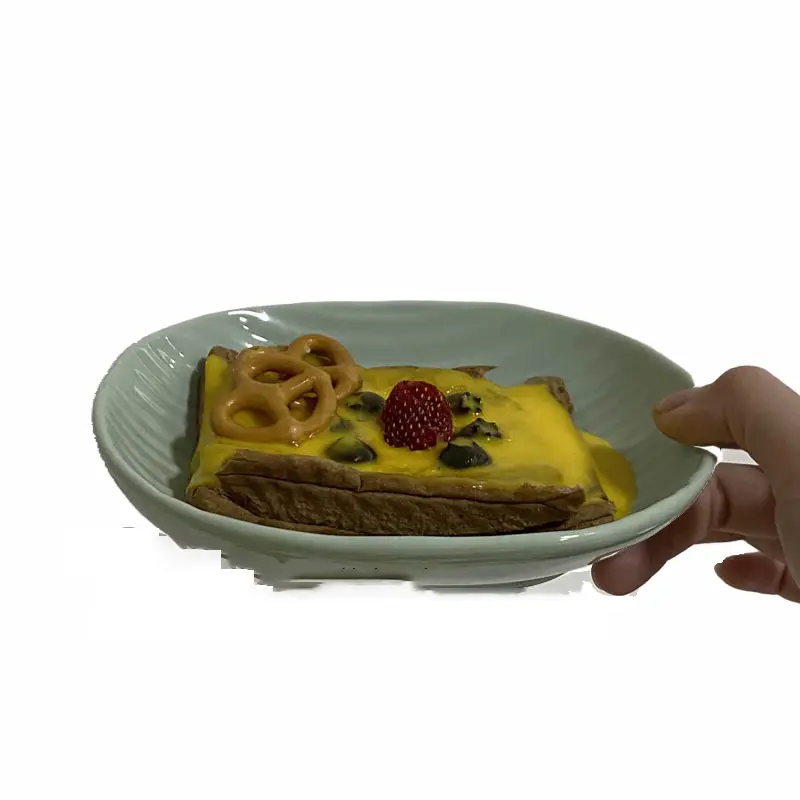 Japanese Striped Pastry Plate Ceramic Solid Colour Fruit Salad Plate Household Oval Breakfast Plate 16.3cm