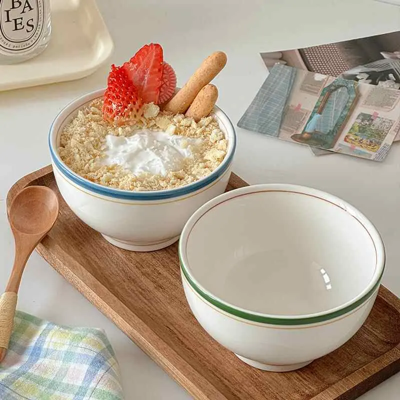Korean Retro Striped Coil Bowl Simple Ceramic Yoghurt Bowls Delicate Household Rice Bowl Kitchen Tableware
