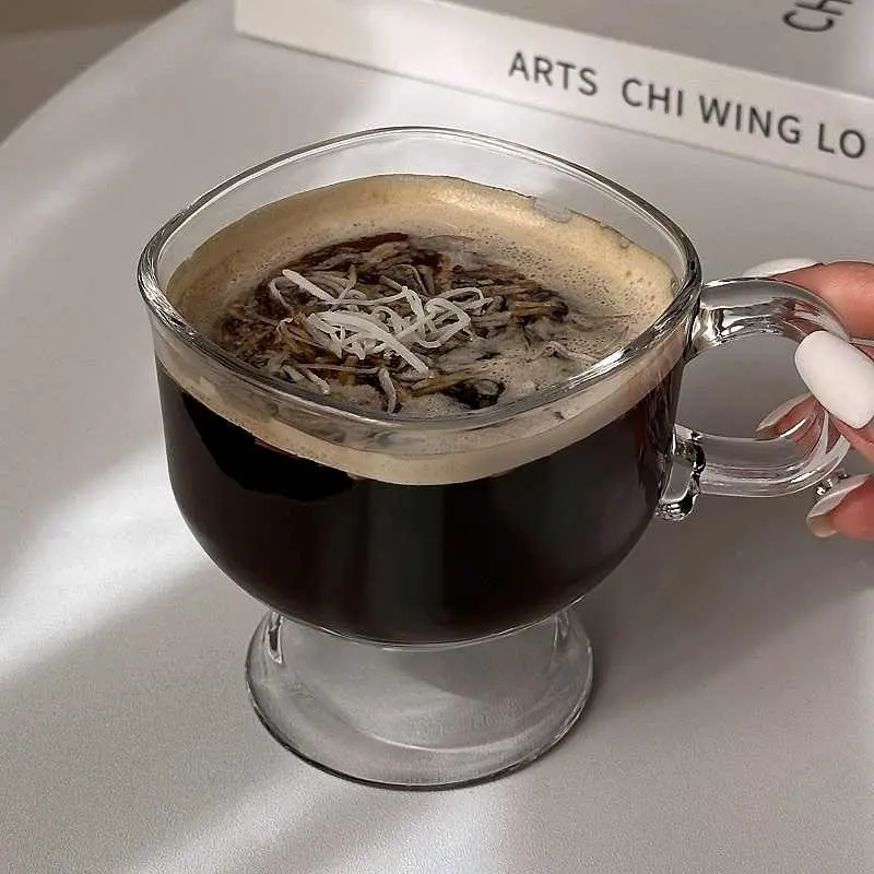 Glass Coffee Mug Iced Americano Latte Clear Cup With Handle Tall Oatmeal Dessert Breakfast Mugs 220ml Drinkware