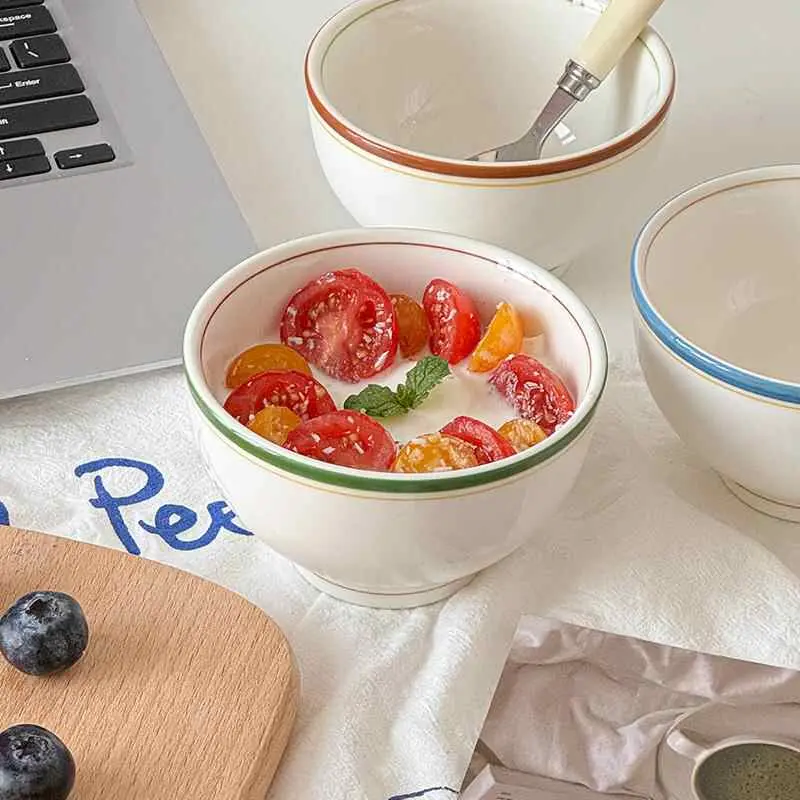 Korean Retro Striped Coil Bowl Simple Ceramic Yoghurt Bowls Delicate Household Rice Bowl Kitchen Tableware