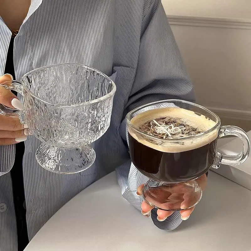 Glass Coffee Mug Iced Americano Latte Clear Cup With Handle Tall Oatmeal Dessert Breakfast Mugs 220ml Drinkware