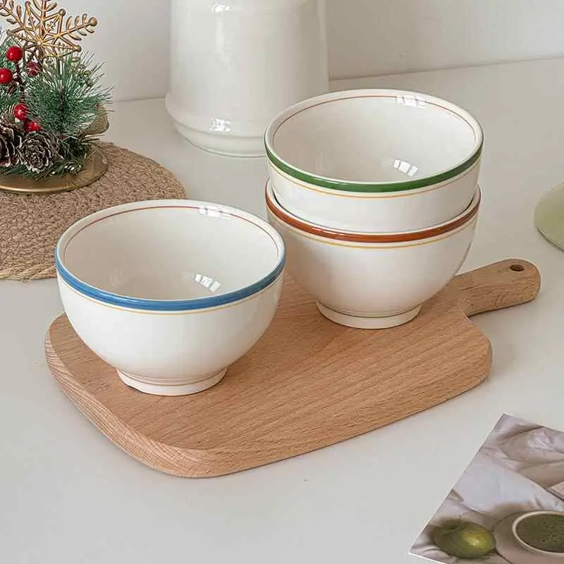 Korean Retro Striped Coil Bowl Simple Ceramic Yoghurt Bowls Delicate Household Rice Bowl Kitchen Tableware