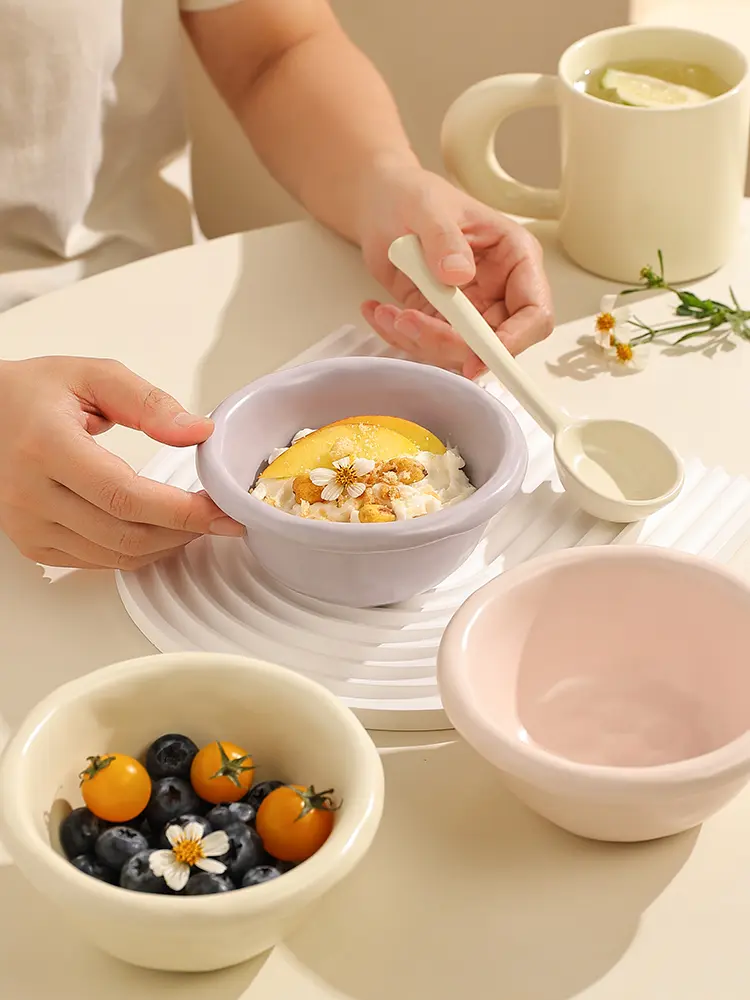 Exquisite Ceramic Rice Bowl Solid Colour Yoghurt Salad Bowl Household Breakfast Oatmeal Bowl Couple Bowl