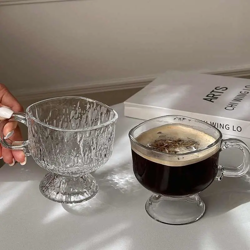 Glass Coffee Mug Iced Americano Latte Clear Cup With Handle Tall Oatmeal Dessert Breakfast Mugs 220ml Drinkware