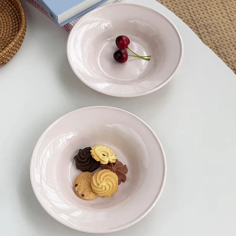 Korean Simple Ceramic Dinner Plates Home Use Light Luxury Underglaze Round Plate Creamy Color Western Foods Spaghetti Steak Dish