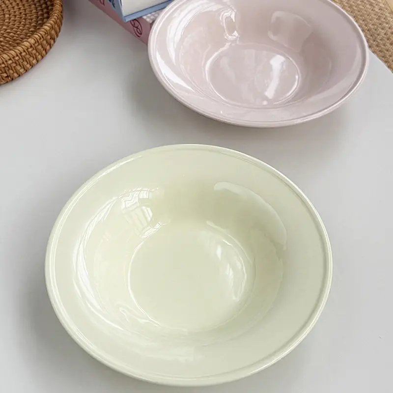 Korean Simple Ceramic Dinner Plates Home Use Light Luxury Underglaze Round Plate Creamy Color Western Foods Spaghetti Steak Dish