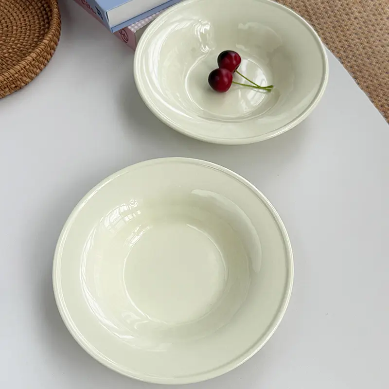 Korean Simple Ceramic Dinner Plates Home Use Light Luxury Underglaze Round Plate Creamy Color Western Foods Spaghetti Steak Dish