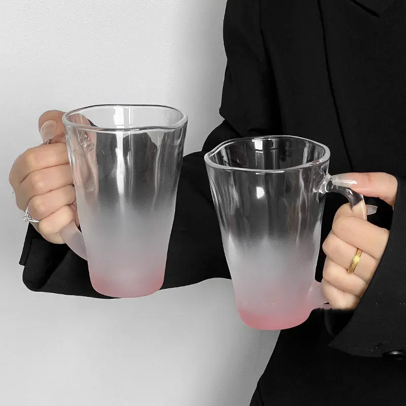 Pink Color Gradient Glass Cup Office Cute Large Capacity Mug With Handle High Quality Transparent Latte Coffee Mugs Glassware