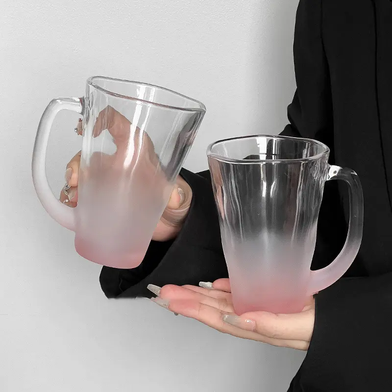 Pink Color Gradient Glass Cup Office Cute Large Capacity Mug With Handle High Quality Transparent Latte Coffee Mugs Glassware