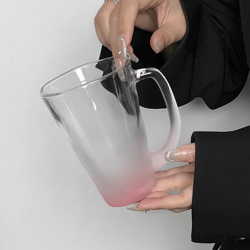 Pink Color Gradient Glass Cup Office Cute Large Capacity Mug With Handle High Quality Transparent Latte Coffee Mugs Glassware