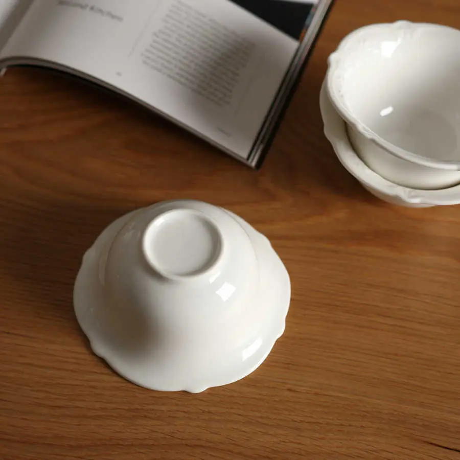 French Ceramic Yoghurt Bowl Delicate Relief Steamed Egg Bowls White Dessert Breakfast Bowl Home Hot Pot Dipping Bowls