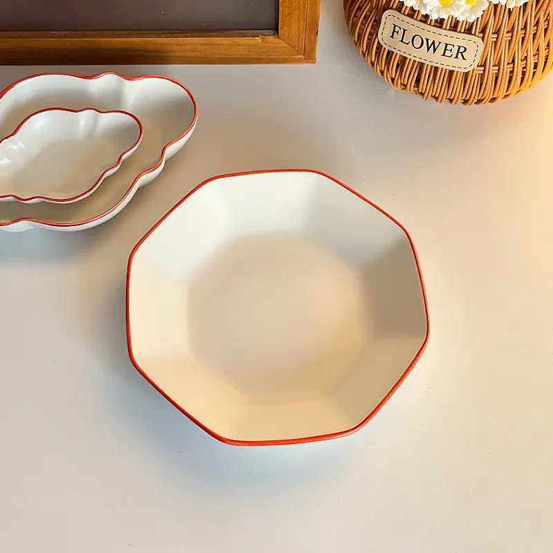 Red Rimmed Matte Ceramic Plates Under Glazed Simple Solid Colored Deep Plate Household Western Food Spaghetti Dishes