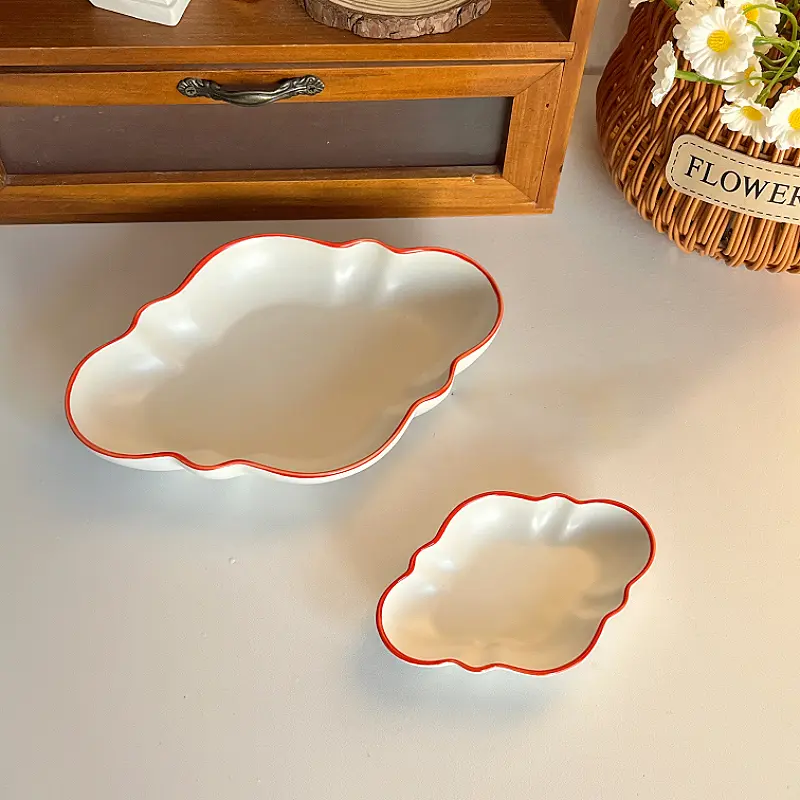 Red Rimmed Matte Ceramic Plates Under Glazed Simple Solid Colored Deep Plate Household Western Food Spaghetti Dishes