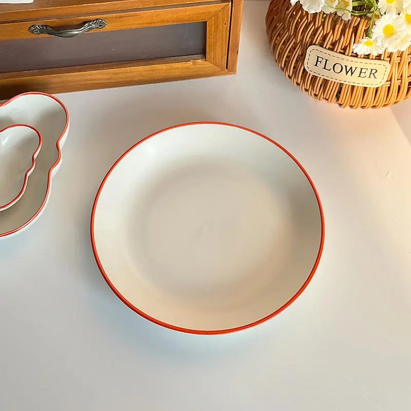 Red Rimmed Matte Ceramic Plates Under Glazed Simple Solid Colored Deep Plate Household Western Food Spaghetti Dishes