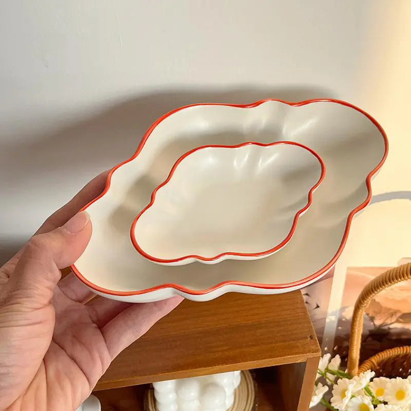 Red Rimmed Matte Ceramic Plates Under Glazed Simple Solid Colored Deep Plate Household Western Food Spaghetti Dishes