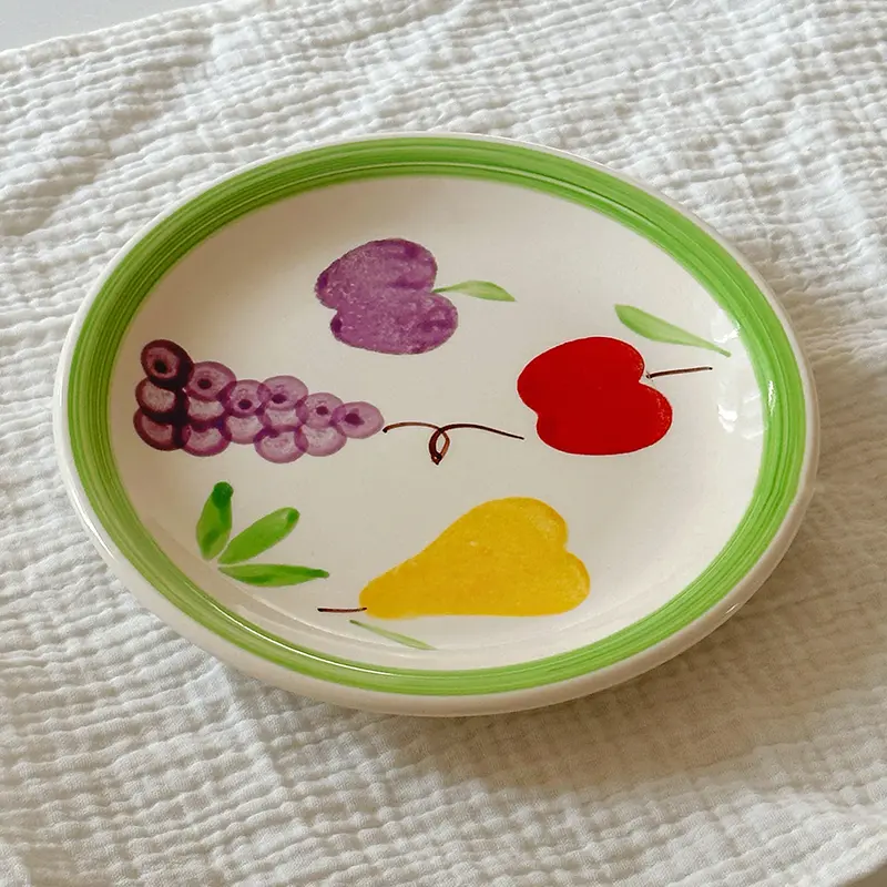 Retro Under Glazed Ceramic Round Plate Hand-painted Fruit Pattern Dessert Plates Creative Western Food Spaghetti Dish