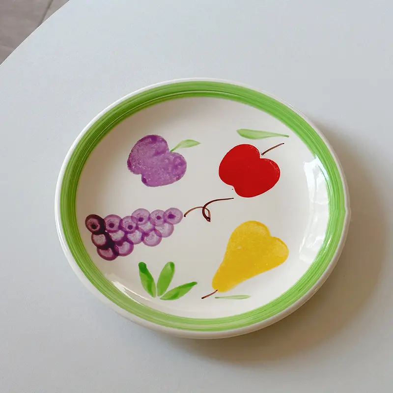 Retro Under Glazed Ceramic Round Plate Hand-painted Fruit Pattern Dessert Plates Creative Western Food Spaghetti Dish