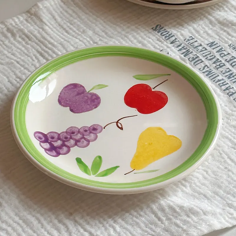 Retro Under Glazed Ceramic Round Plate Hand-painted Fruit Pattern Dessert Plates Creative Western Food Spaghetti Dish