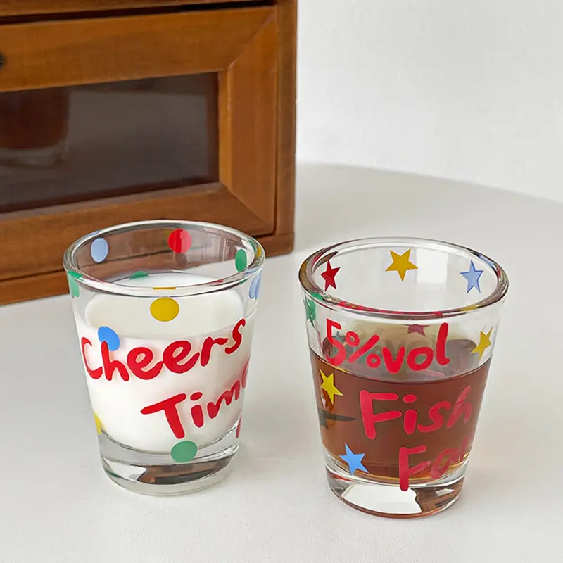 Mini Cute Glass Whiskey Cup Creative Design Letters Printed Small Cups Glassware Home Use Thick Sake Cocktail Cup Gift