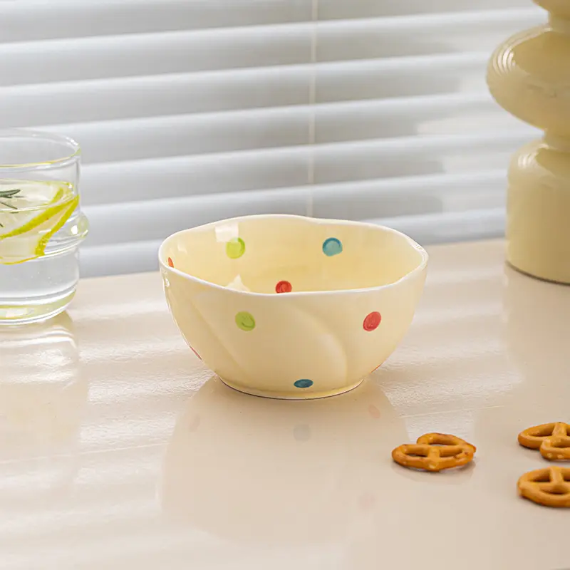 Polka Dot Ceramic Rice Bowl Spoon Underglaze Household Breakfast Porridge Bowls Delicate Yoghurt Oatmeal Fruit Salad Bowl