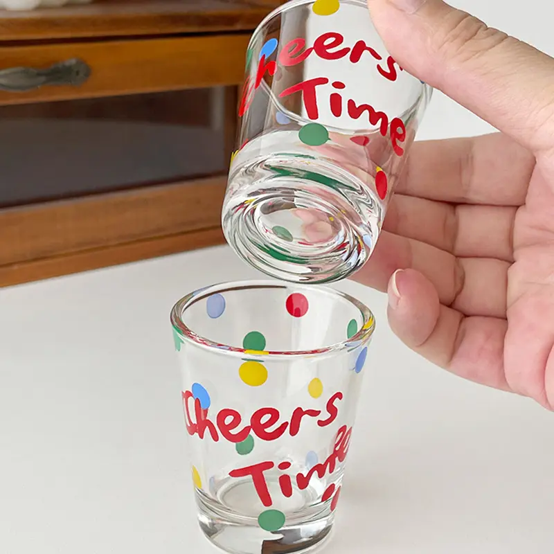 Mini Cute Glass Whiskey Cup Creative Design Letters Printed Small Cups Glassware Home Use Thick Sake Cocktail Cup Gift