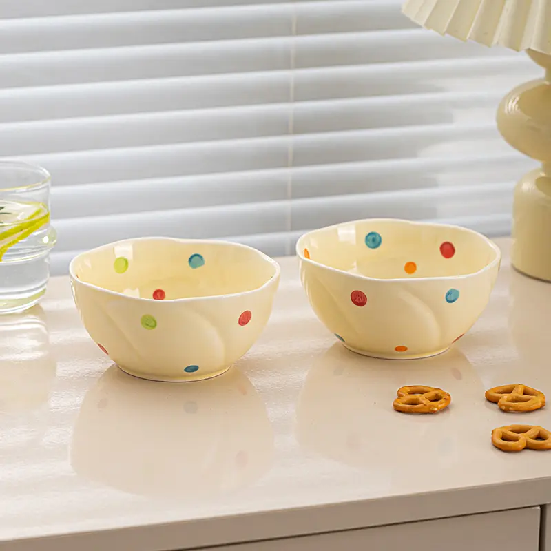 Polka Dot Ceramic Rice Bowl Spoon Underglaze Household Breakfast Porridge Bowls Delicate Yoghurt Oatmeal Fruit Salad Bowl