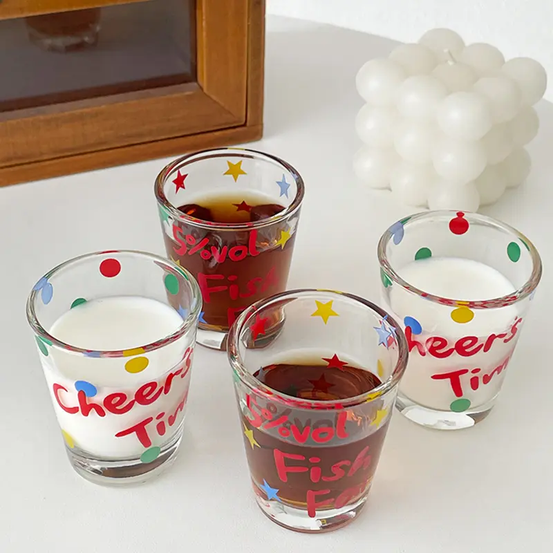 Mini Cute Glass Whiskey Cup Creative Design Letters Printed Small Cups Glassware Home Use Thick Sake Cocktail Cup Gift