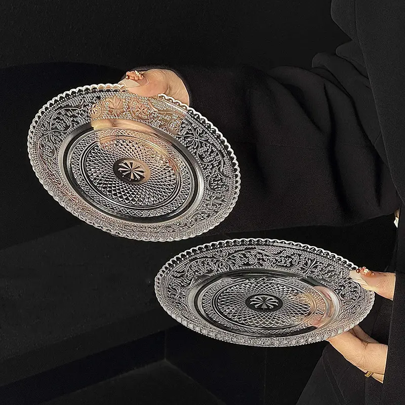 Retro Glass Fruit Plate Snack Disc Household Living Room Exquisite Dessert Dish Salad Plate Round Breakfast Pastry Disc