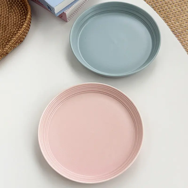Matte Stripe Embossed Tableware Korean Solid Colour Breakfast Soup Bowl Household Round Vegetable Dessert Plate