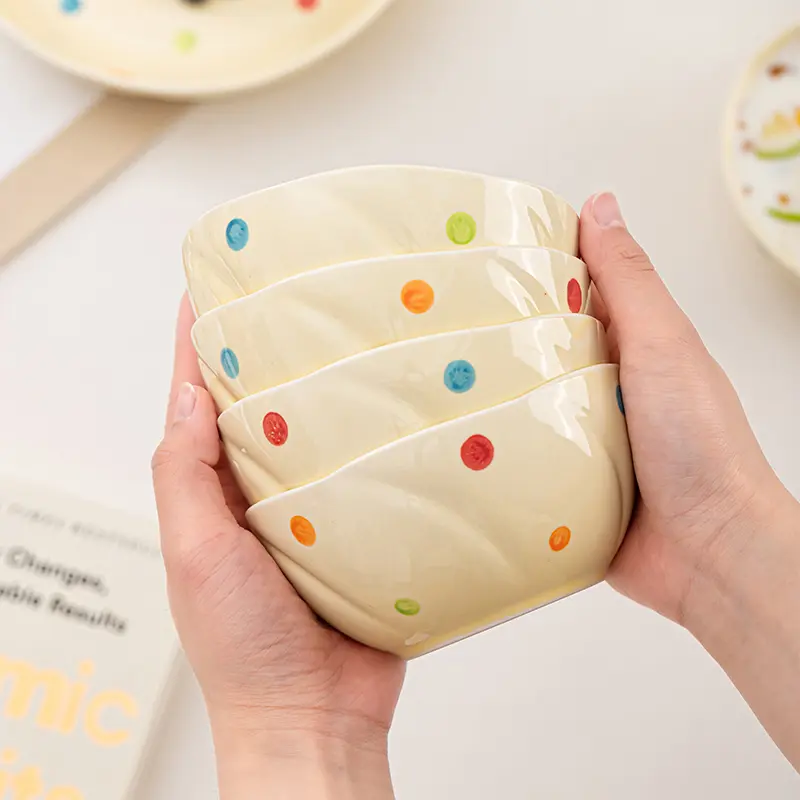 Polka Dot Ceramic Rice Bowl Spoon Underglaze Household Breakfast Porridge Bowls Delicate Yoghurt Oatmeal Fruit Salad Bowl
